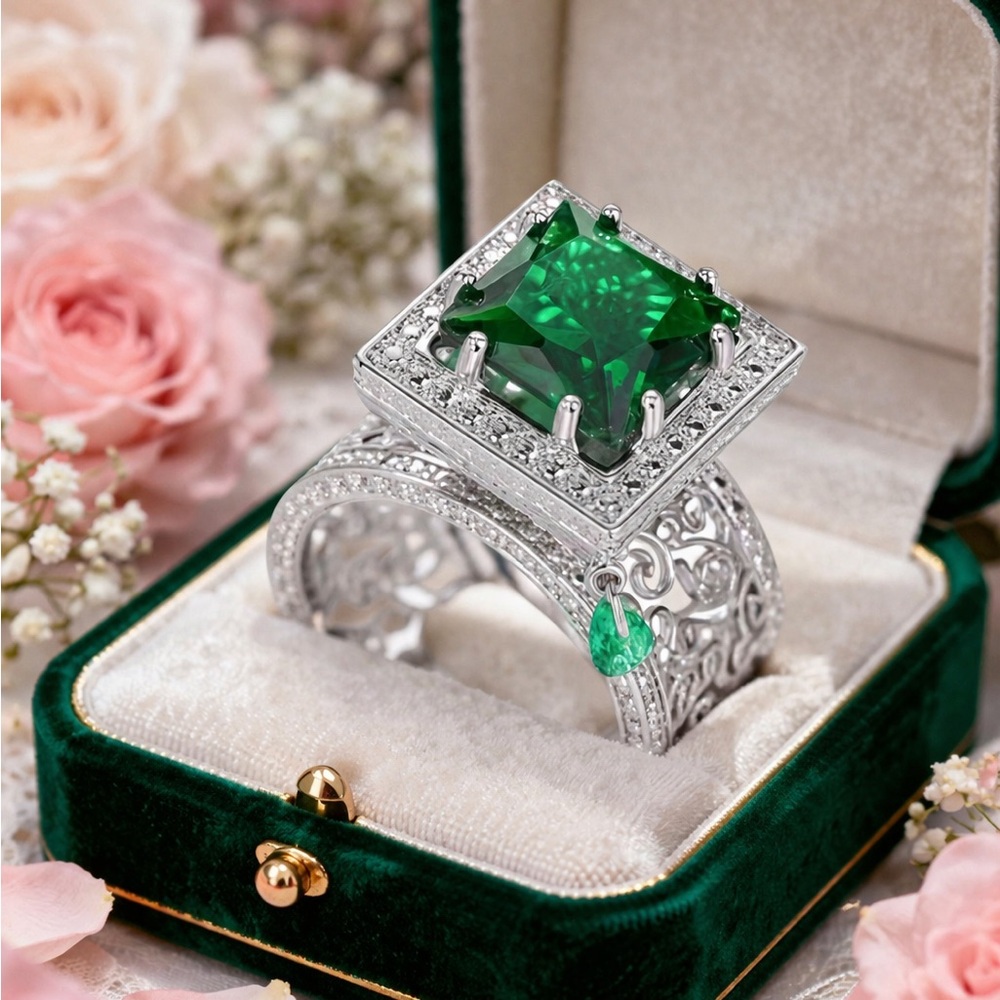 Elegant Silver and Green Gemstone Ring - Picture 6 of 6